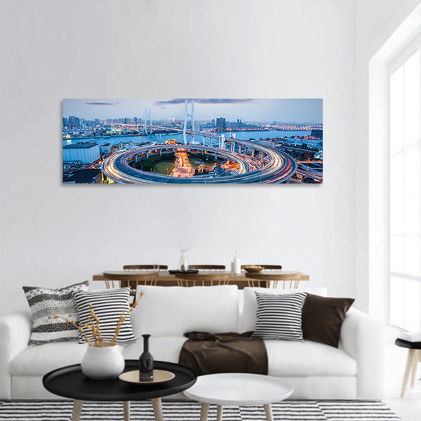 Nanpu bridge at dusk ,crosses Huangpu river ,China Panoramic Canvas Wall Art