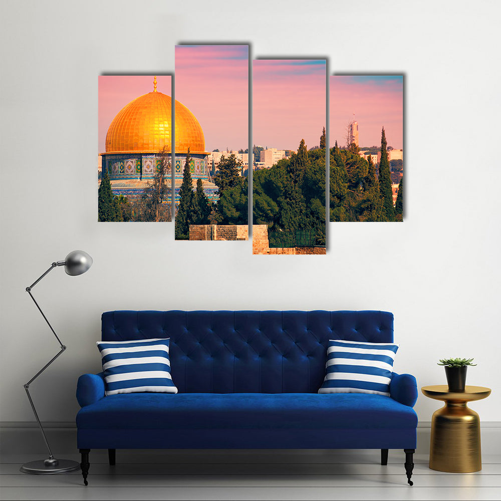 A Mesmerizing Beauty Of the Scene Of The Dome Of The Jerusalem At Sunset Multi Panel Canvas Wall Art