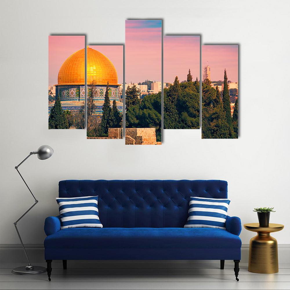 A Mesmerizing Beauty Of the Scene Of The Dome Of The Jerusalem At Sunset Multi Panel Canvas Wall Art