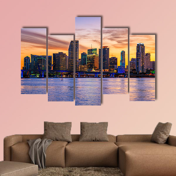 Famous city of Miami, Florida, summer sunset Multi panel canvas wall art