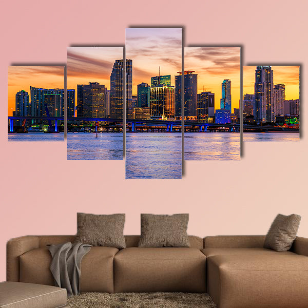 Famous city of Miami, Florida, summer sunset Multi panel canvas wall art