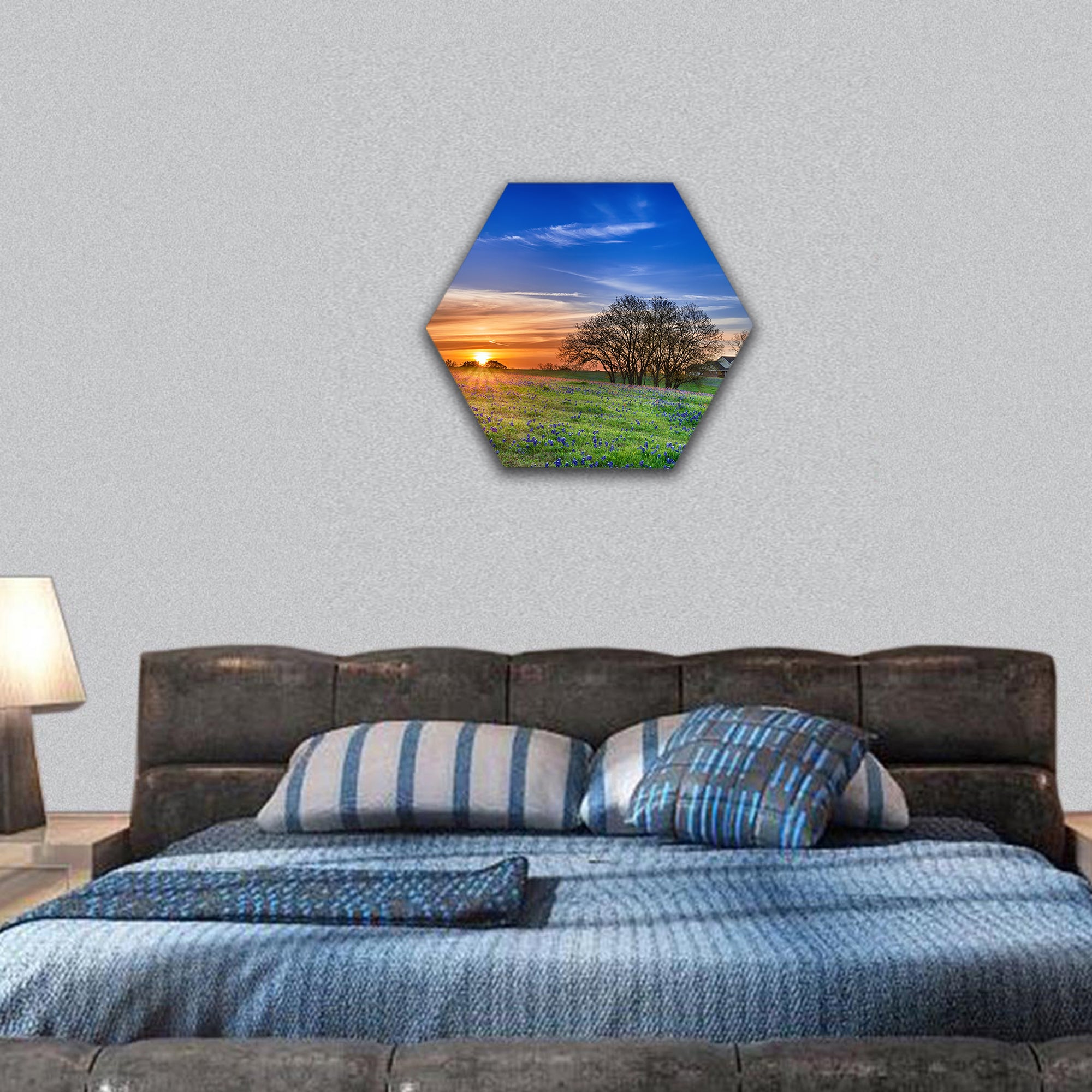 Texas bluebonnet spring wildflower field at sunrise hexagonal canvas wall art