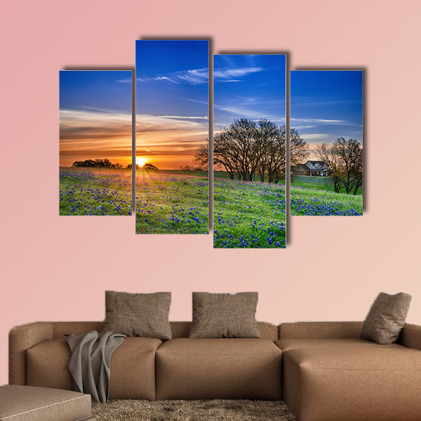 Texas bluebonnet spring wildflower field at sunrise Multi panel canvas wall art