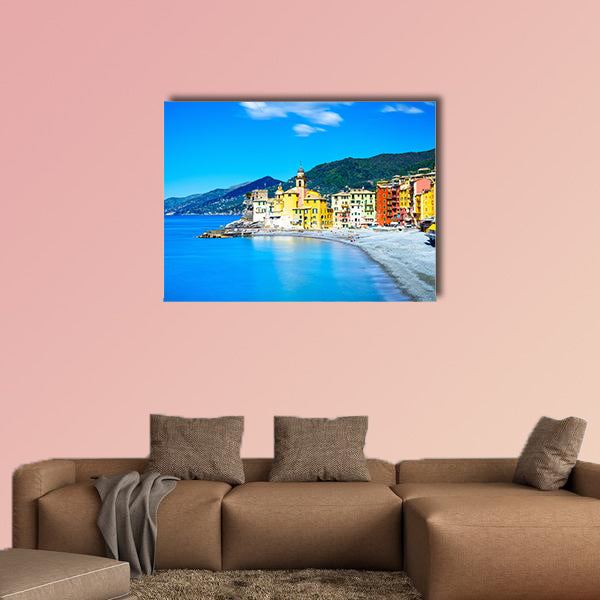 Camogli old church on sea and beach view Liguria, Italy Long wall art