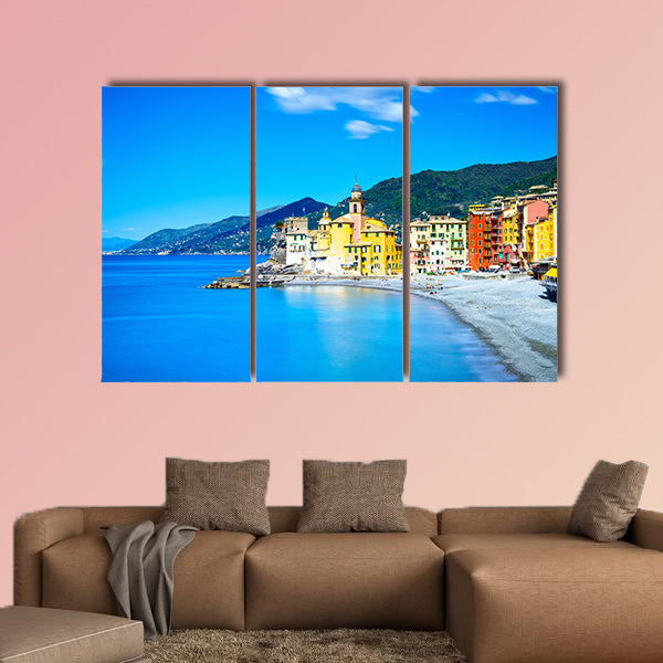 Camogli old church on sea and beach view Liguria, Italy Long wall art