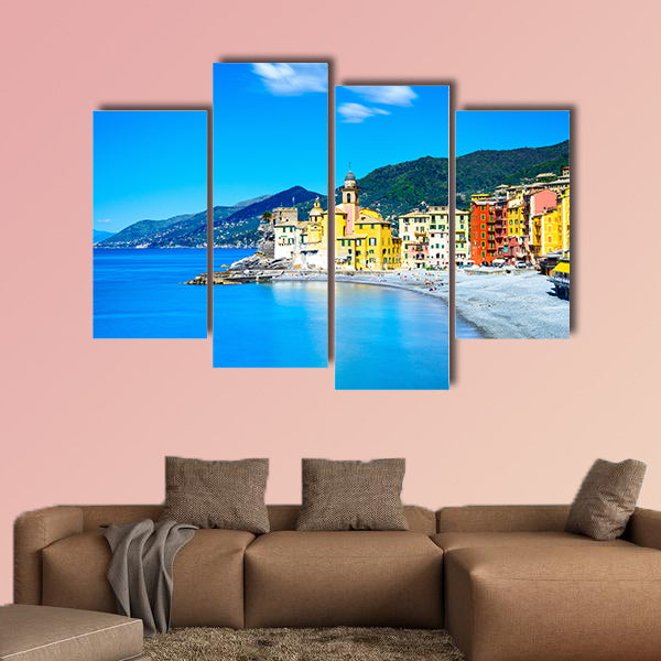 Camogli old church on sea and beach view Liguria, Italy Long wall art