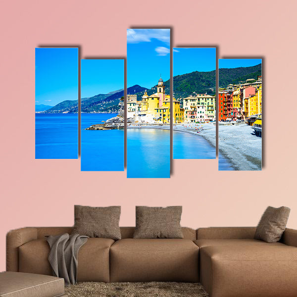Camogli old church on sea and beach view Liguria, Italy Long wall art