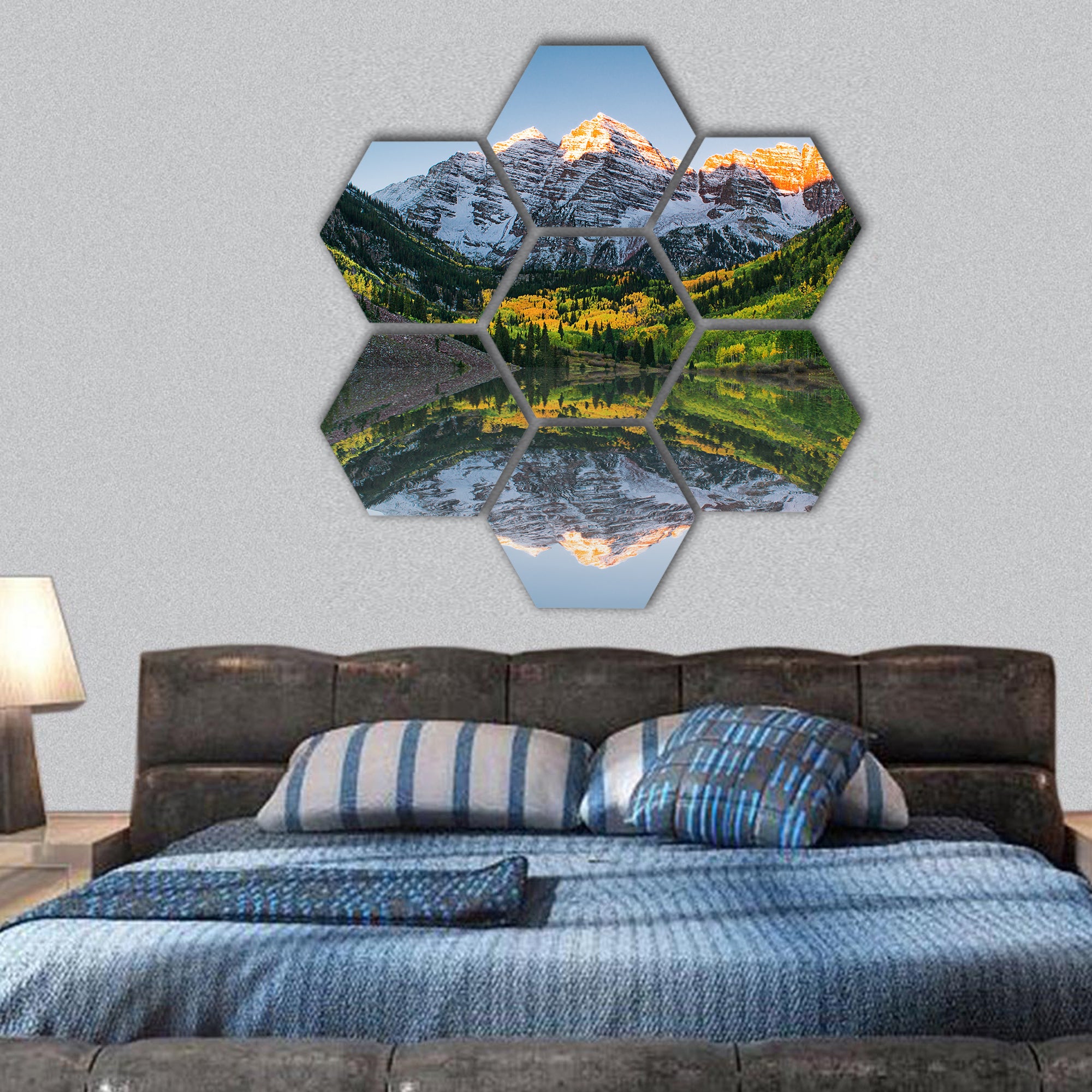 Sunrise at Maroon bells lake hexagonal canvas wall art