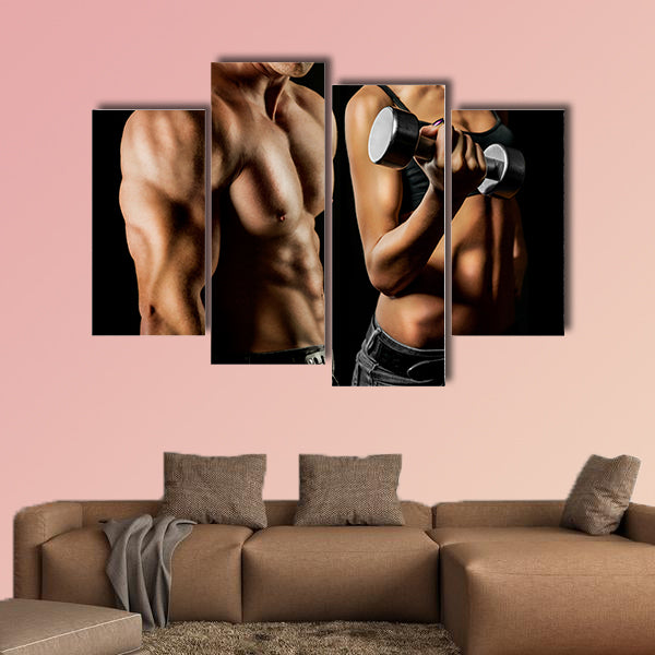 Bodybuilding Strong man and a woman posing on a black background Multi panel canvas wall art