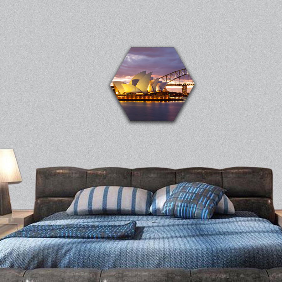 Sydney Opera House and the Harbour Bridge at dusk hexagonal canvas wall art