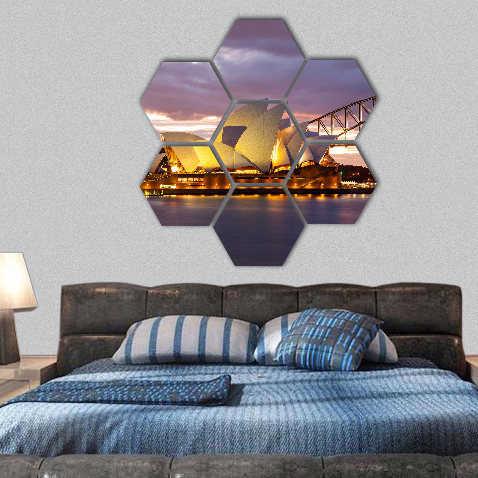 Sydney Opera House and the Harbour Bridge at dusk hexagonal canvas wall art