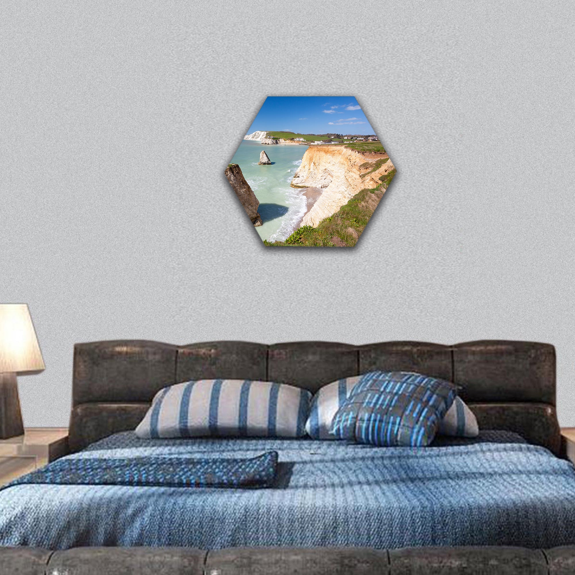 Dramatic chalk cliffs at Freshwater Bay, Europe hexagonal canvas wall art