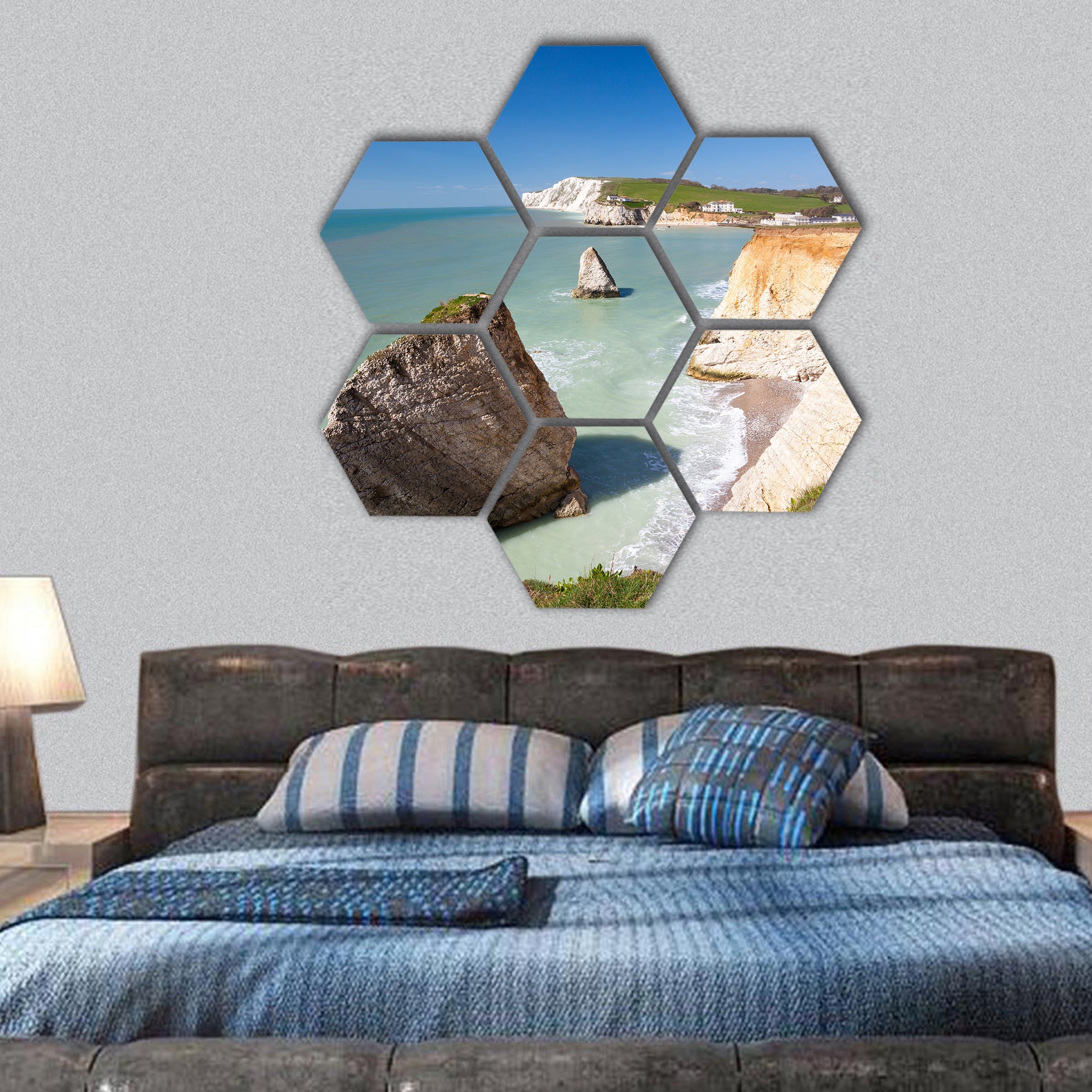 Dramatic chalk cliffs at Freshwater Bay, Europe hexagonal canvas wall art