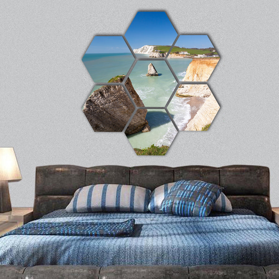 Dramatic chalk cliffs at Freshwater Bay, Europe hexagonal canvas wall art