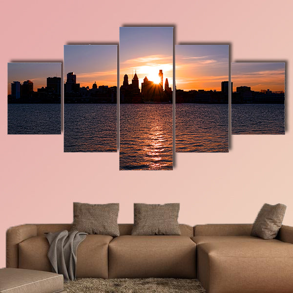 Sunset over downtown Center City Philadelphia with shadow canvas wall art