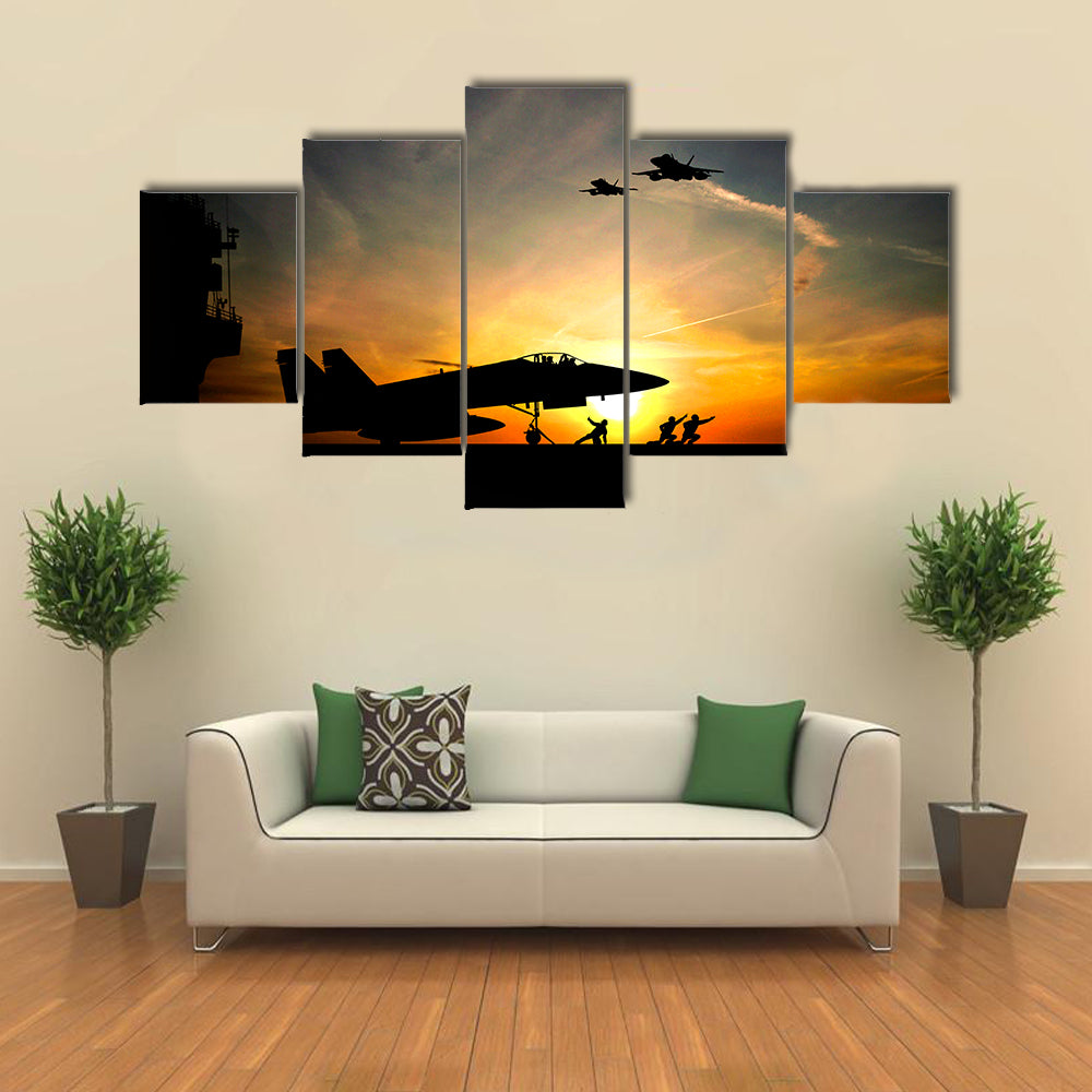Military Take Off A Jet Plane An A Sunset Multi Panel Canvas Wall Art