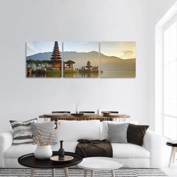 Pura Ulun Danu temple at sunrise on a lake Bratan, Indonesia panoramic canvas wall art