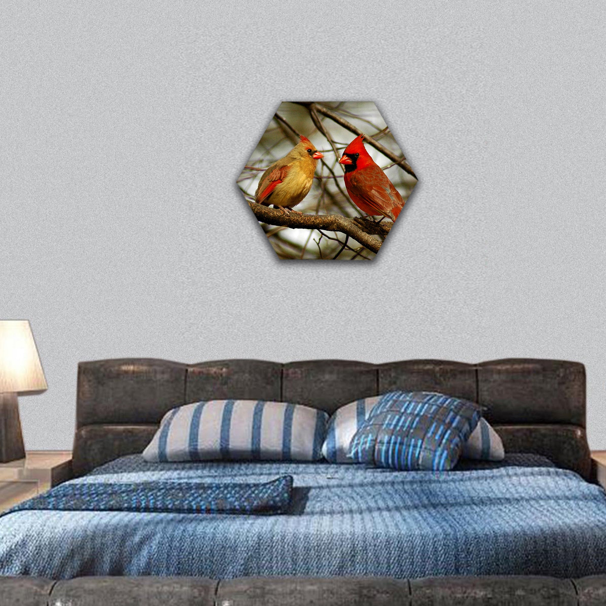 male and female cardinal in the winter in Indiana hexagonal canvas wall art