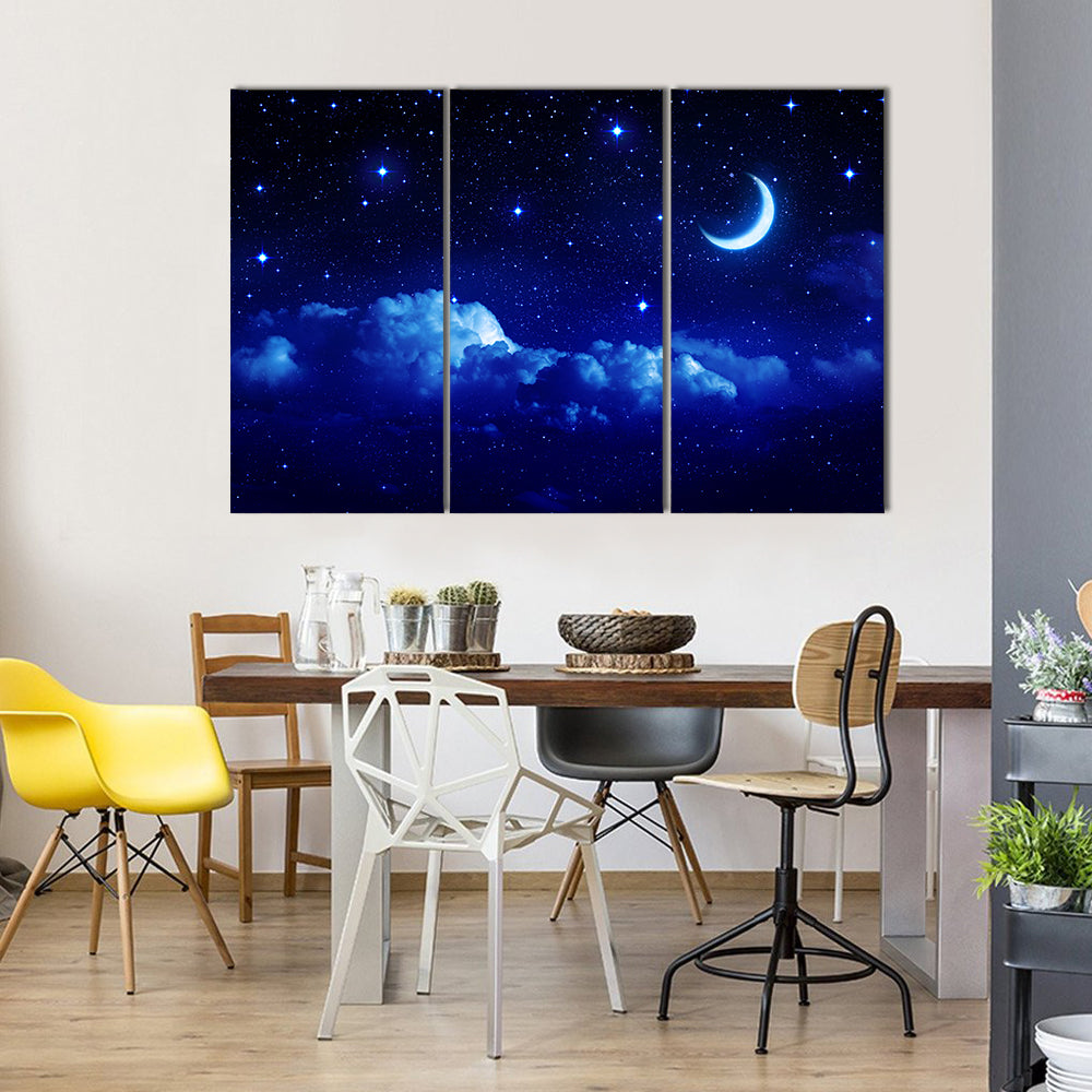 Half Moon On A Scenic Cloudscape Multi Panel Canvas Wall Art