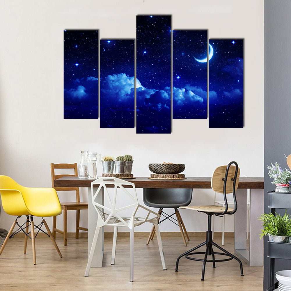 Half Moon On A Scenic Cloudscape Multi Panel Canvas Wall Art