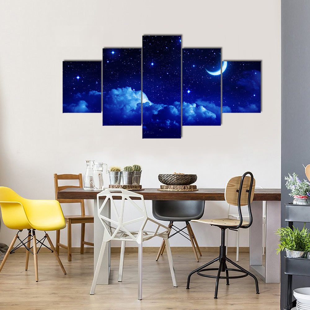 Half Moon On A Scenic Cloudscape Multi Panel Canvas Wall Art