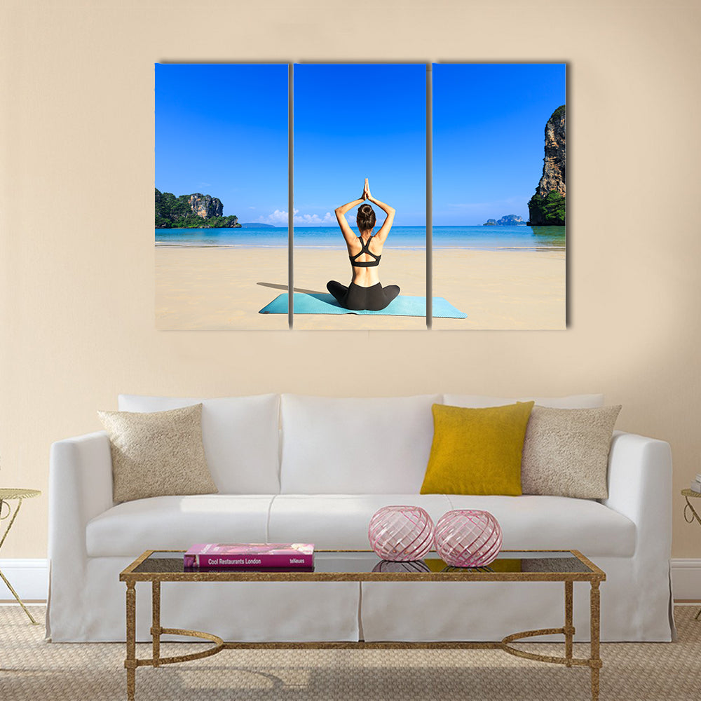 Yoga woman on sea coast Multi panel canvas wall art