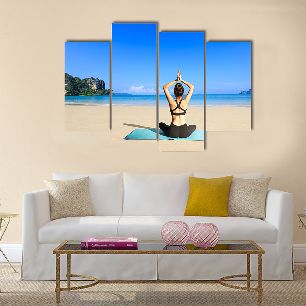 Yoga woman on sea coast Multi panel canvas wall art