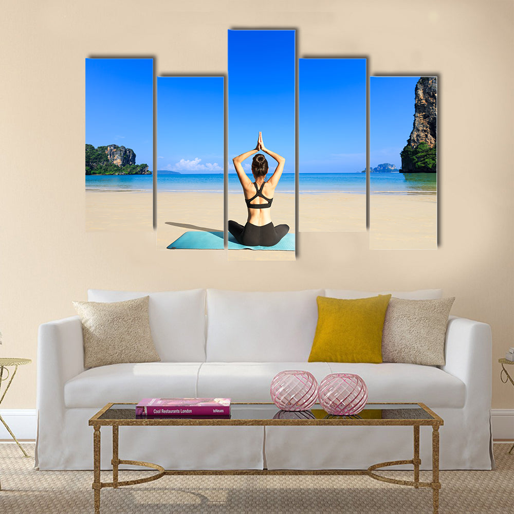 Yoga woman on sea coast Multi panel canvas wall art