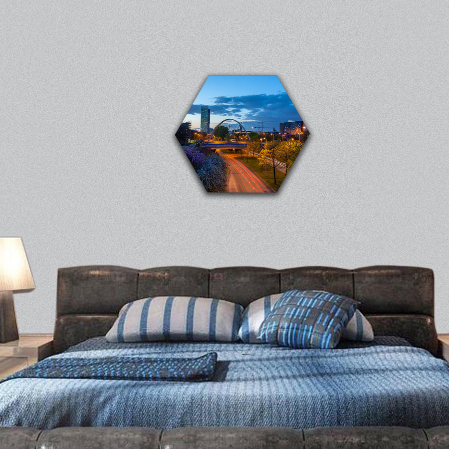 Beetham tower and Hulme Arch bridge over princess road hexagonal canvas wall art