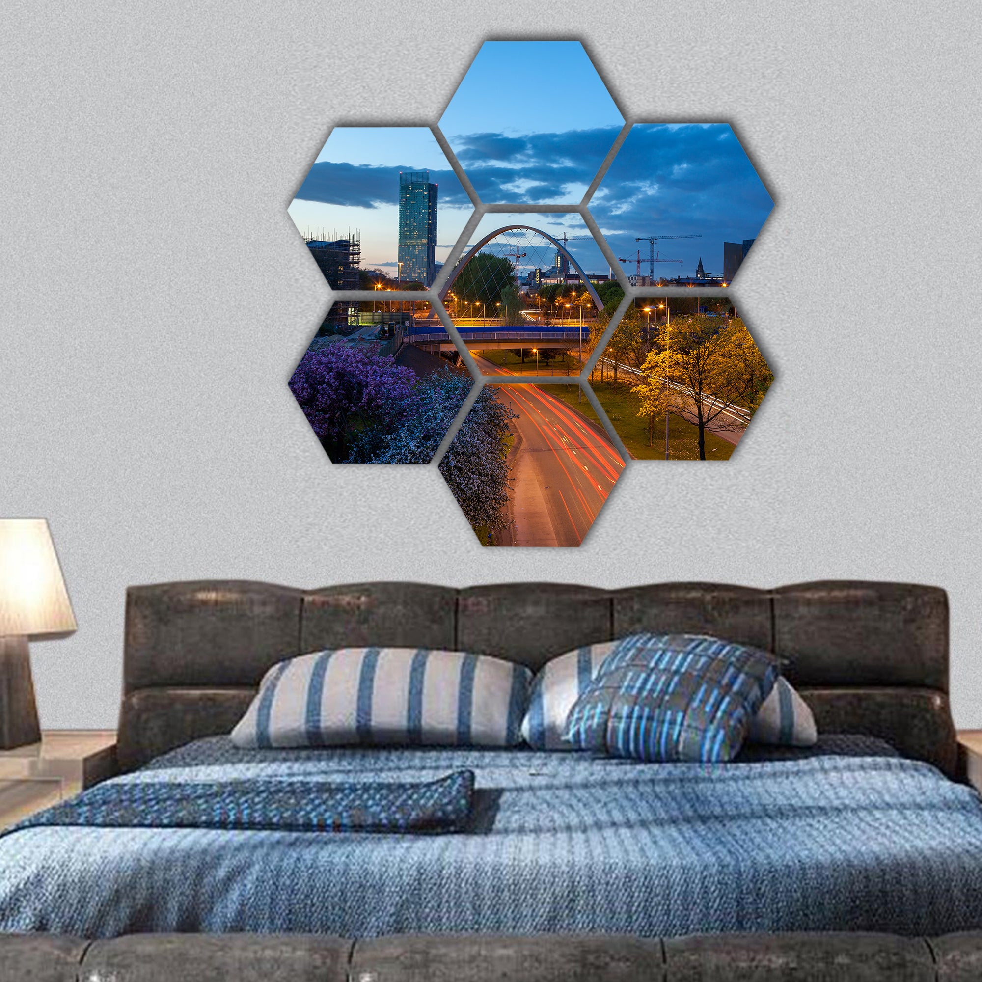Beetham tower and Hulme Arch bridge over princess road hexagonal canvas wall art