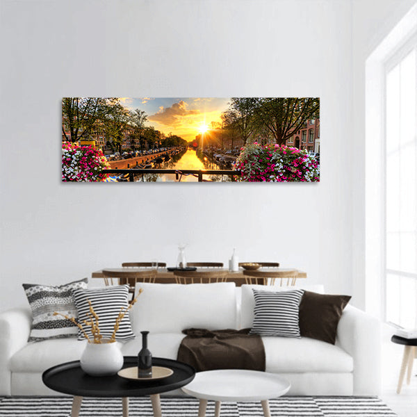 Sunrise over Amsterdam, Netherlands, flowers and bicycle panoramic canvas wall art