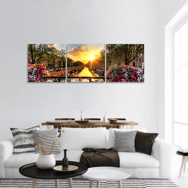 Sunrise over Amsterdam, Netherlands, flowers and bicycle panoramic canvas wall art