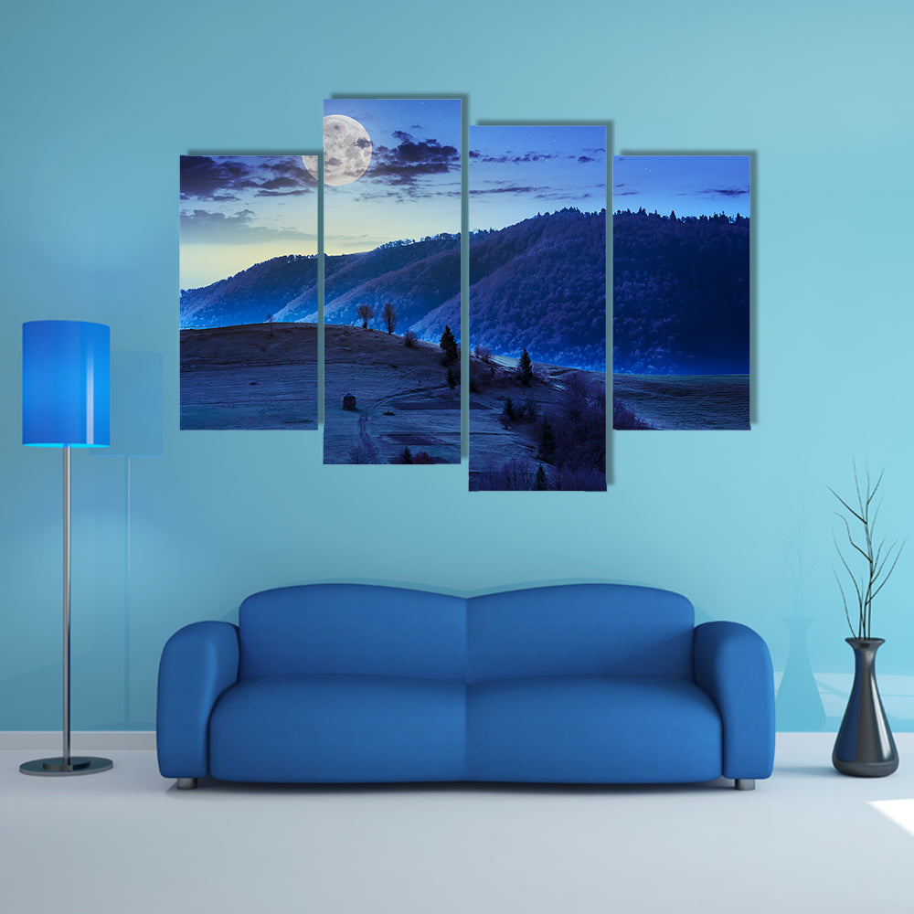 Mountain Summer Landscape Meadow And Forest On Hillside Under Sky Moon Light Multi Panel Canvas Wall Art