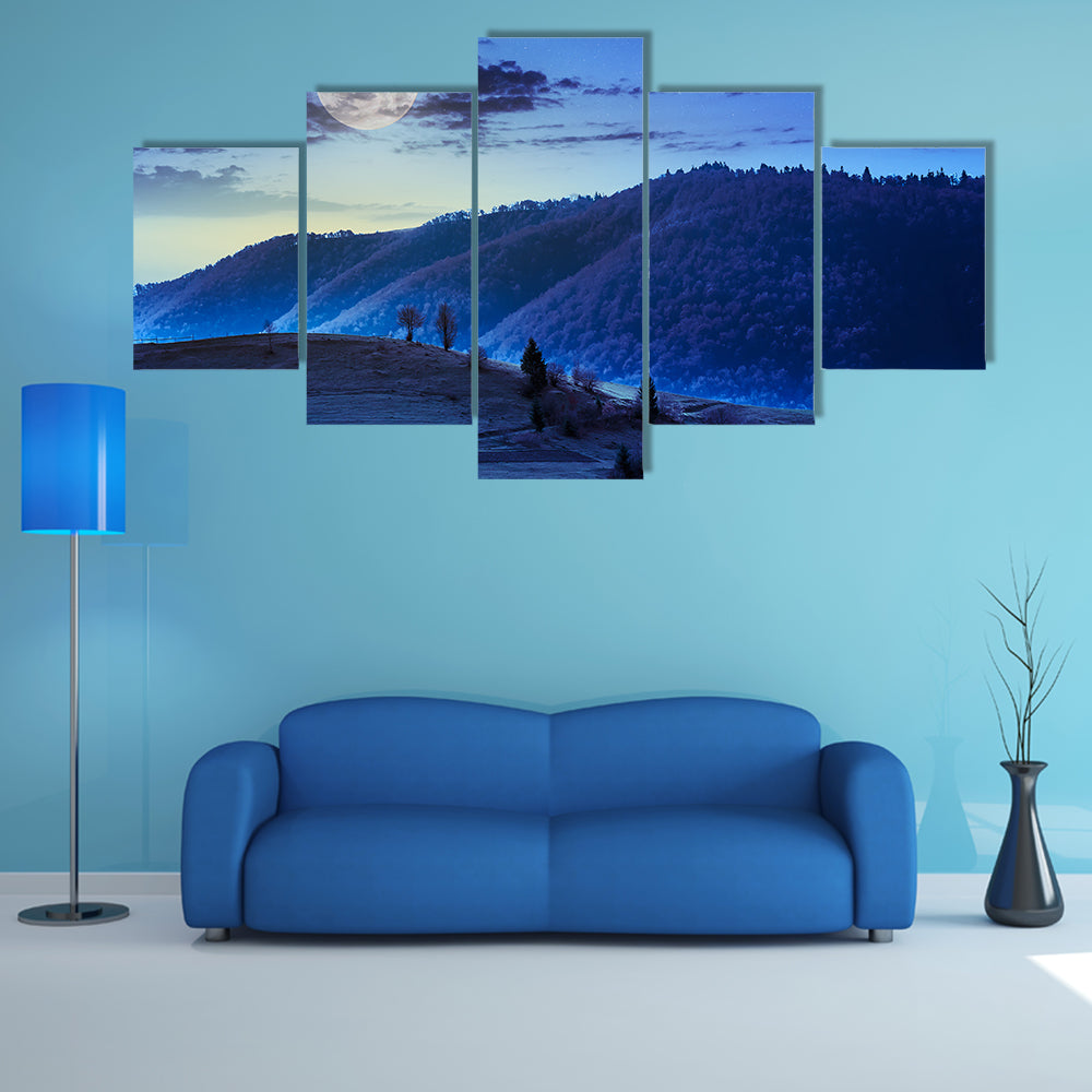 Mountain Summer Landscape Meadow And Forest On Hillside Under Sky Moon Light Multi Panel Canvas Wall Art