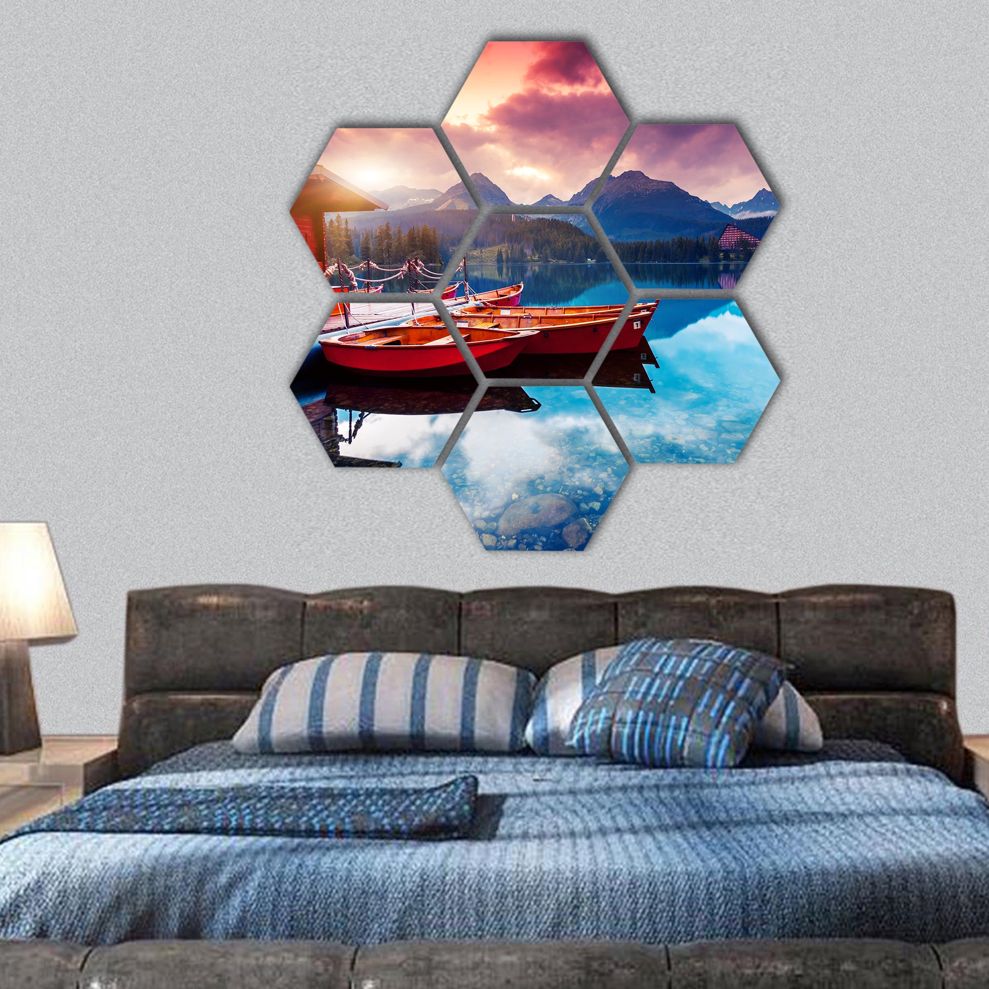 Mountain lake in National Park High Tatra hexagonal canvas wall art