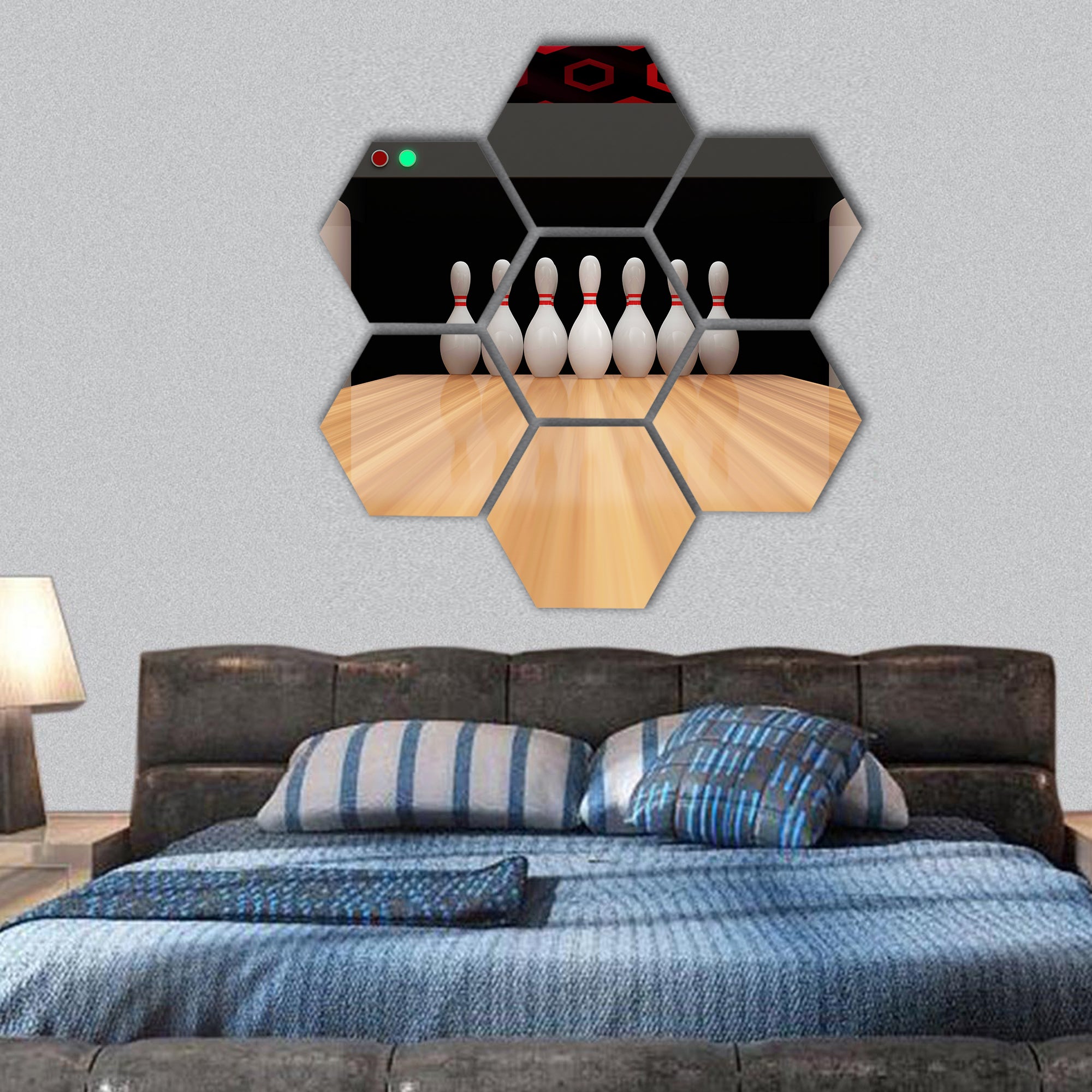 Bowling Ball is Rolling on Wooden Lane hexagonal canvas wall art