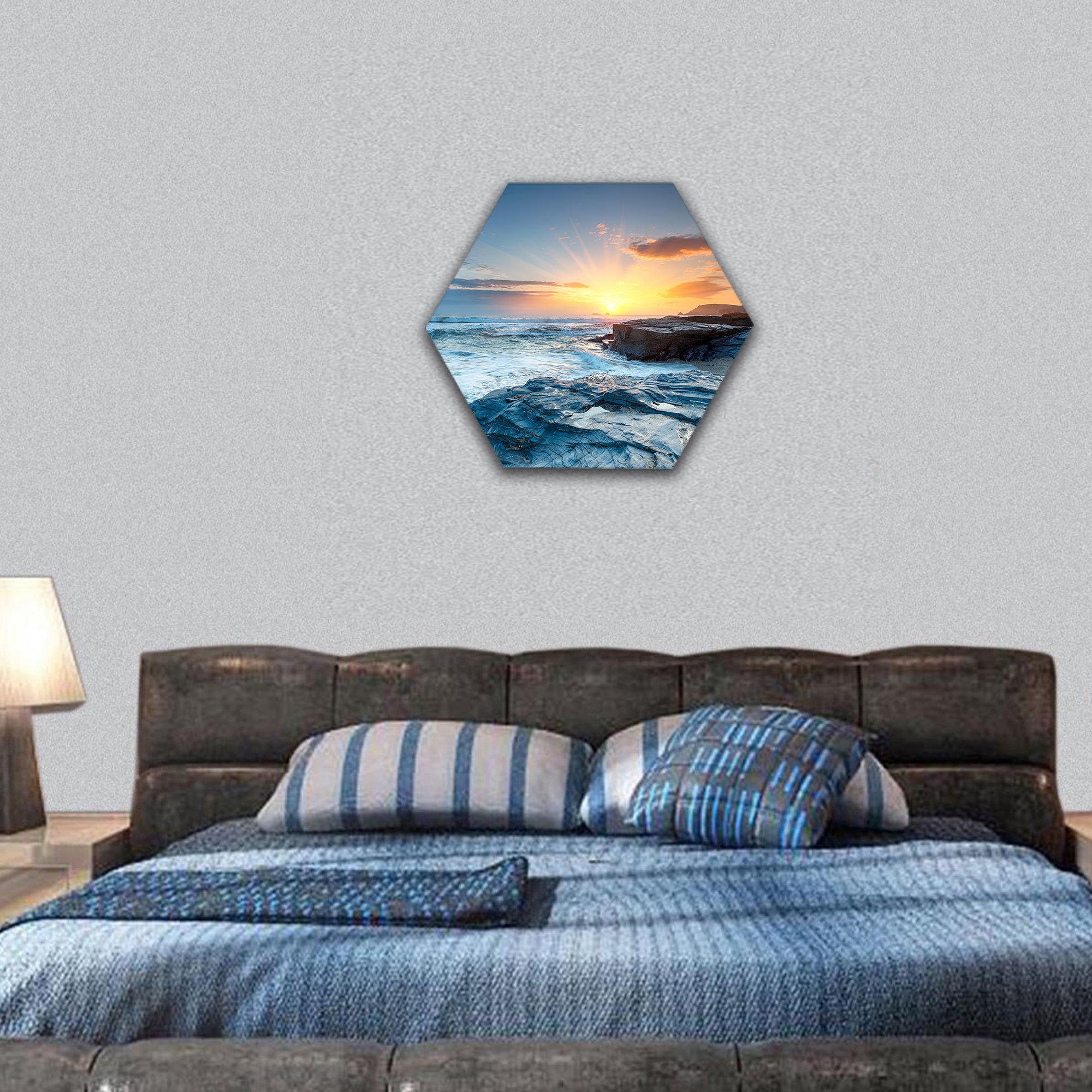 Sunset and waves at Booby's Bay in Cornwall hexagonal canvas wall art