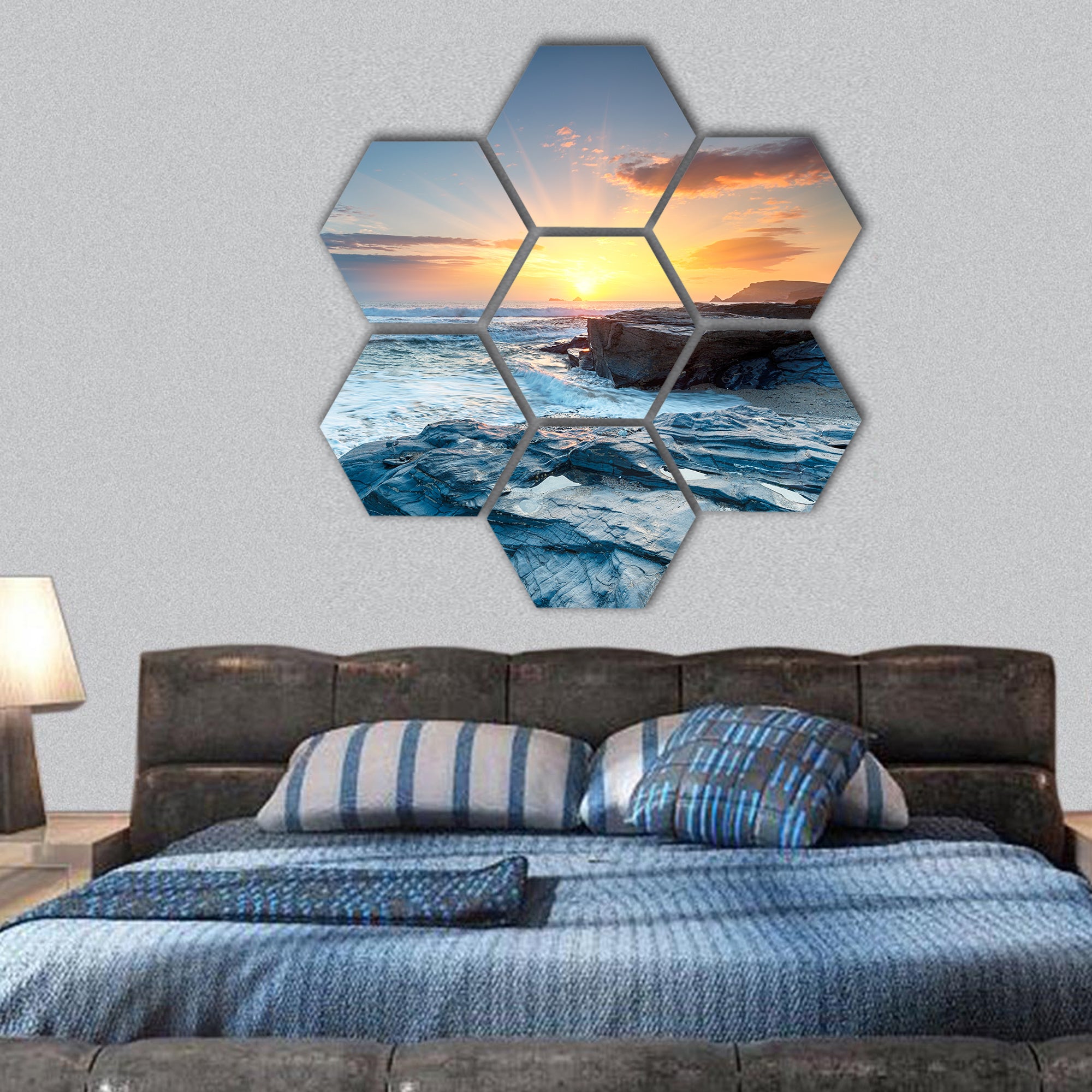 Sunset and waves at Booby's Bay in Cornwall hexagonal canvas wall art