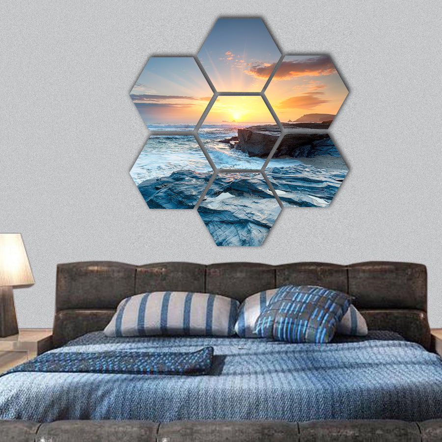 Sunset and waves at Booby's Bay in Cornwall hexagonal canvas wall art