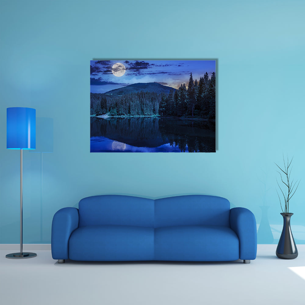 A View On Lake Near The Pine Forest On Mountain Multi Panel Canvas Wall Art