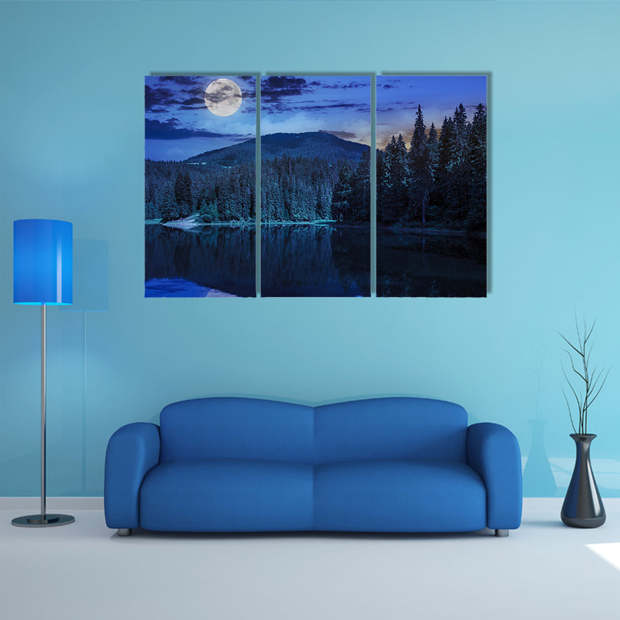 A View On Lake Near The Pine Forest On Mountain Multi Panel Canvas Wall Art