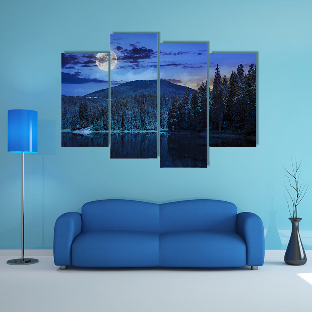 A View On Lake Near The Pine Forest On Mountain Multi Panel Canvas Wall Art