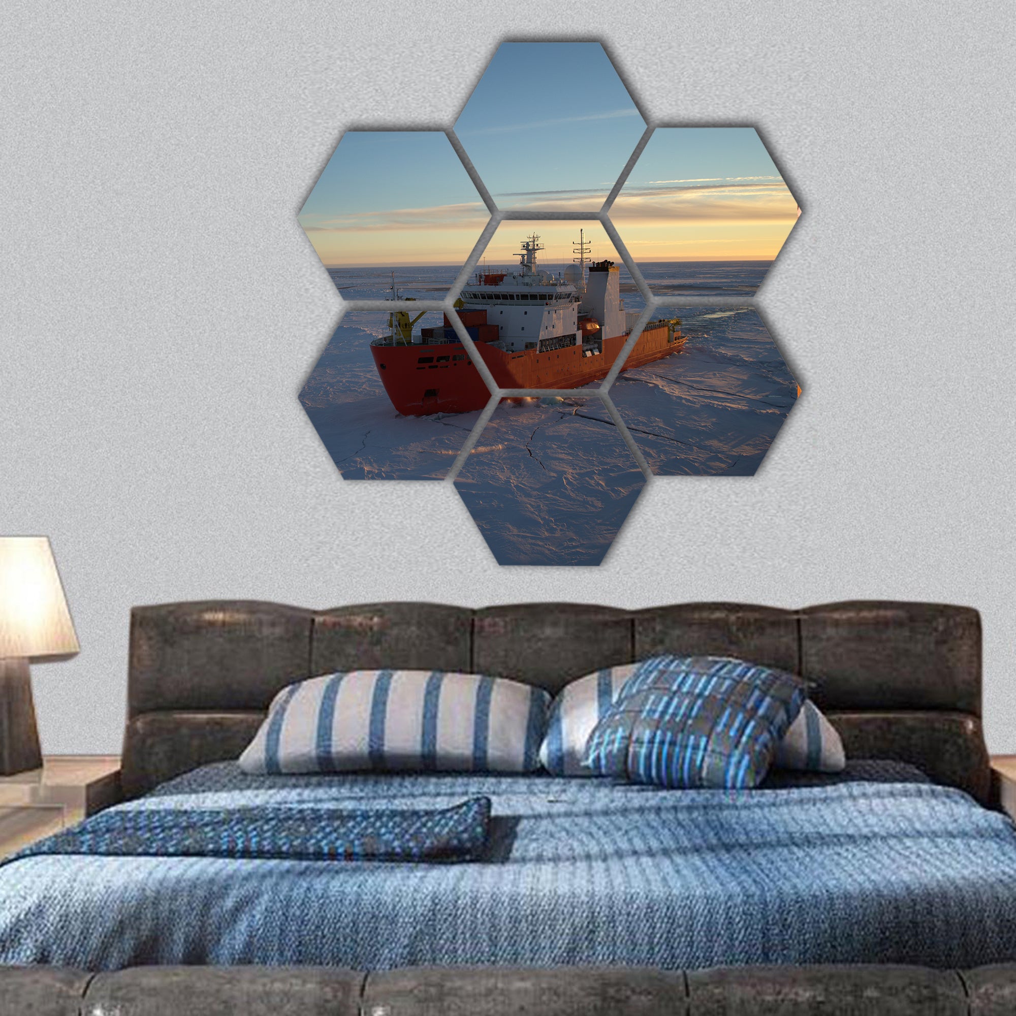 Icebreaker ship in the sea of Antarctic hexagonal canvas wall art