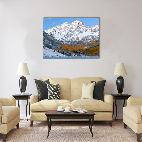 Snow Covered maroon bells Mountains with Golden Aspen Trees Multi panel canvas wall art