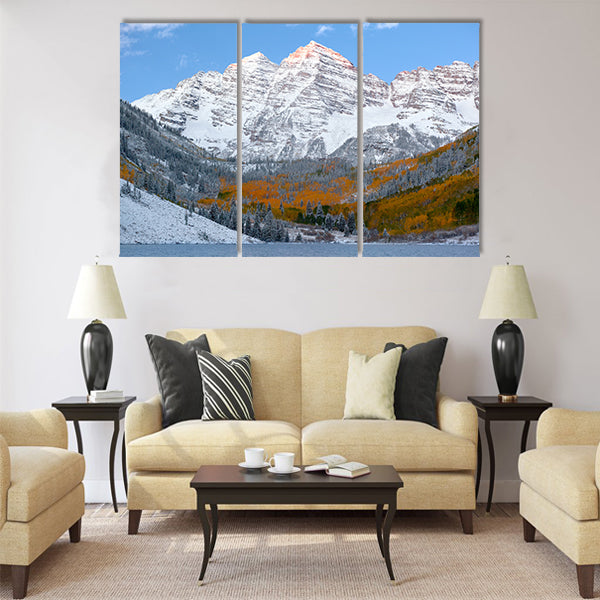 Snow Covered maroon bells Mountains with Golden Aspen Trees Multi panel canvas wall art