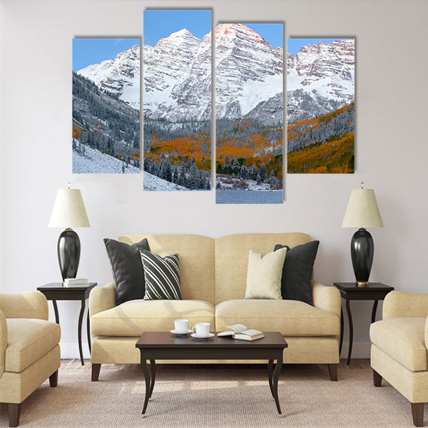Snow Covered maroon bells Mountains with Golden Aspen Trees Multi panel canvas wall art
