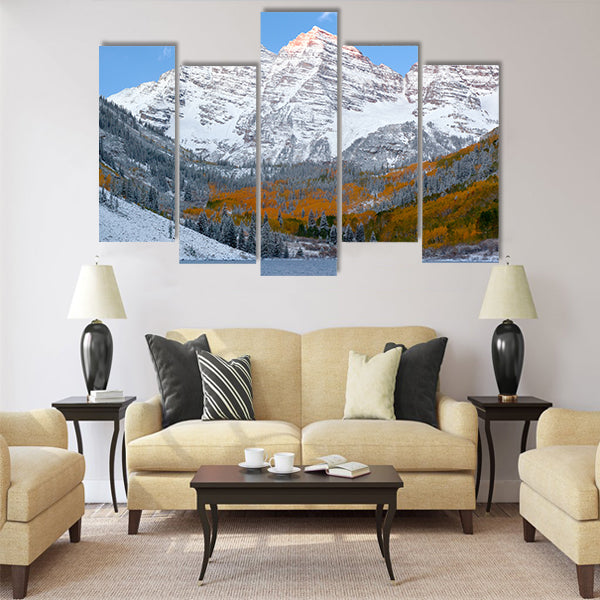 Snow Covered maroon bells Mountains with Golden Aspen Trees Multi panel canvas wall art