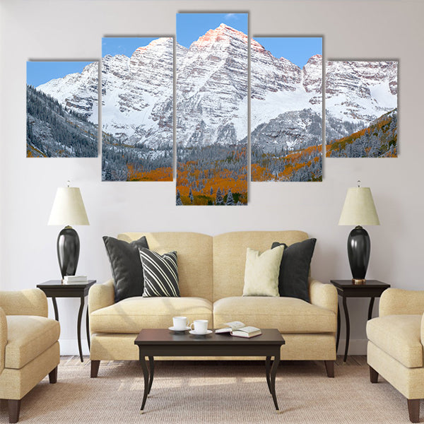 Snow Covered maroon bells Mountains with Golden Aspen Trees Multi panel canvas wall art