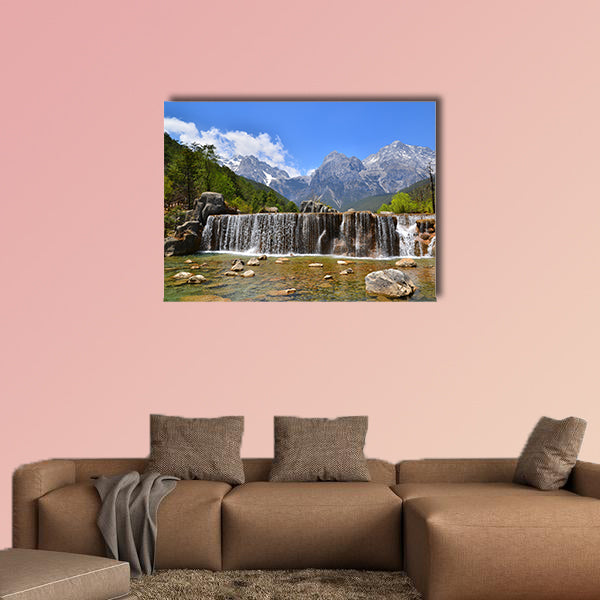 The Valley of Waterfall at Alpine Mountain Multi panel canvas wall art