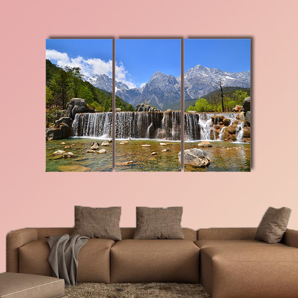 The Valley of Waterfall at Alpine Mountain Multi panel canvas wall art